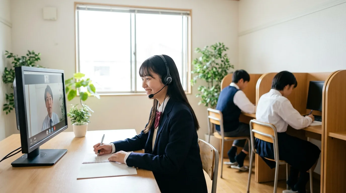 教室のPCで、画面の先生から1対1の指導を受ける生徒