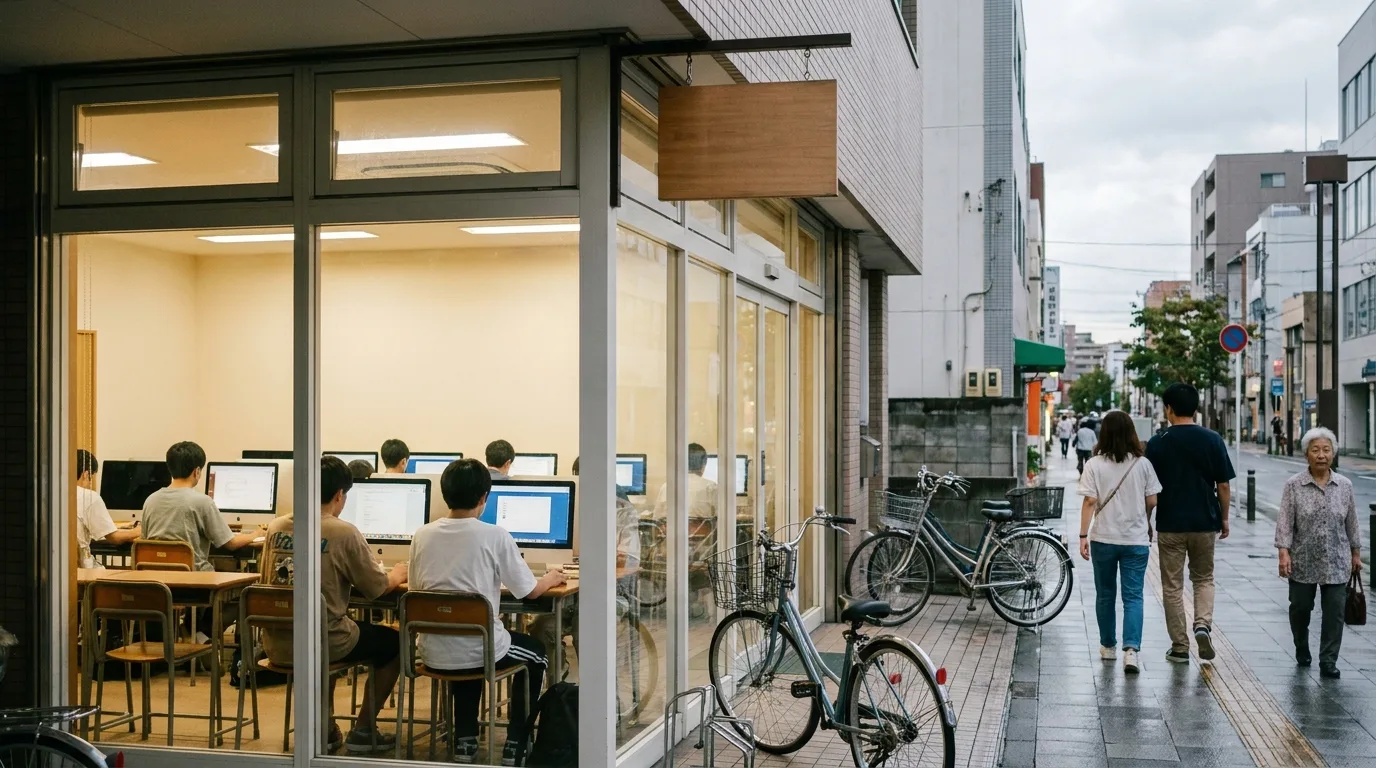 町の小さな教室の外観。窓の中で生徒がPCに向かっている