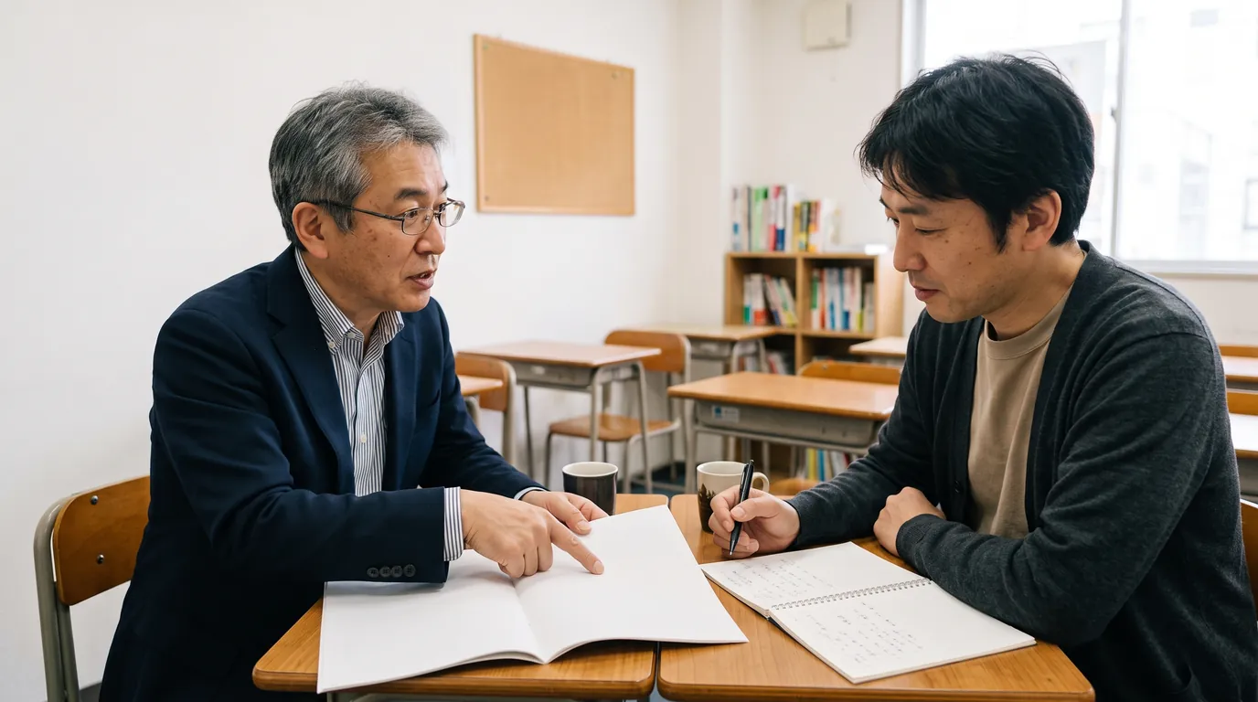 面談ブースで、オーナーが保護者と進路の資料を見ながら話している