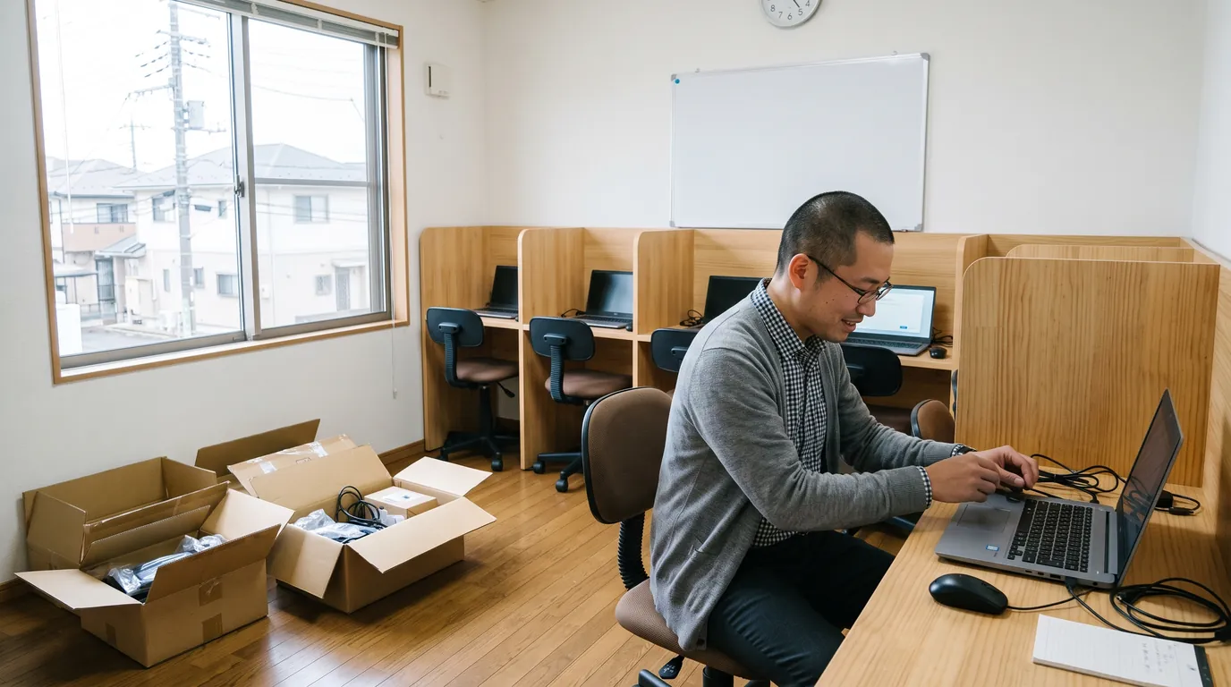 小さな教室でPCを並べて開業の準備をするオーナー