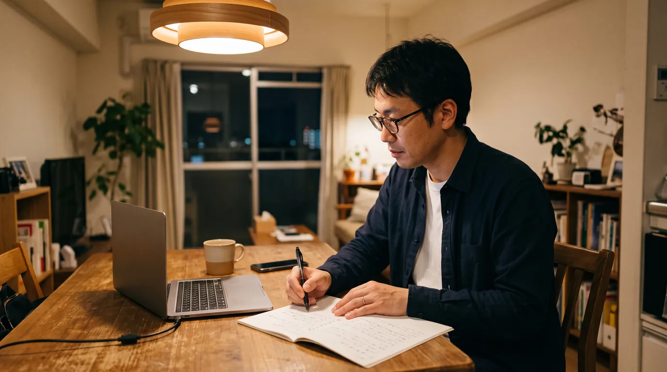 夜、自宅でノートPCの研修動画を見ながらメモを取る人