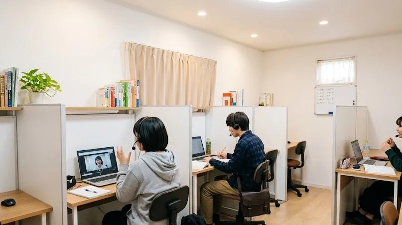 パーテーションで区切られた受講席で、生徒がノートPCで指導を受けている教室