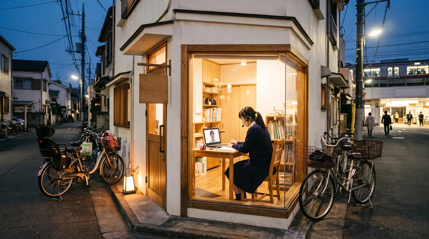 夕暮れの住宅街にある小さな教室。窓の中で生徒がオンラインの指導を受けている