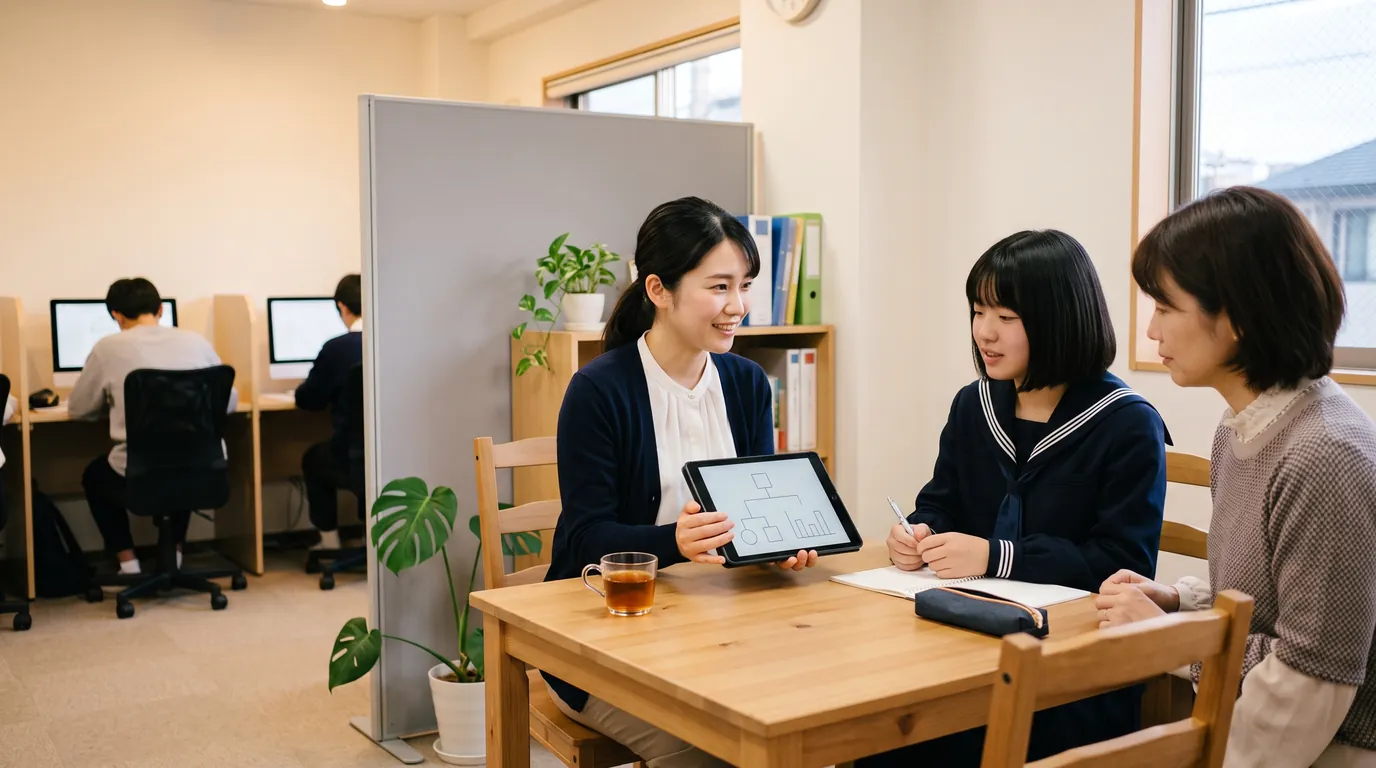 教室の面談席で、若いオーナーが生徒と保護者に説明している