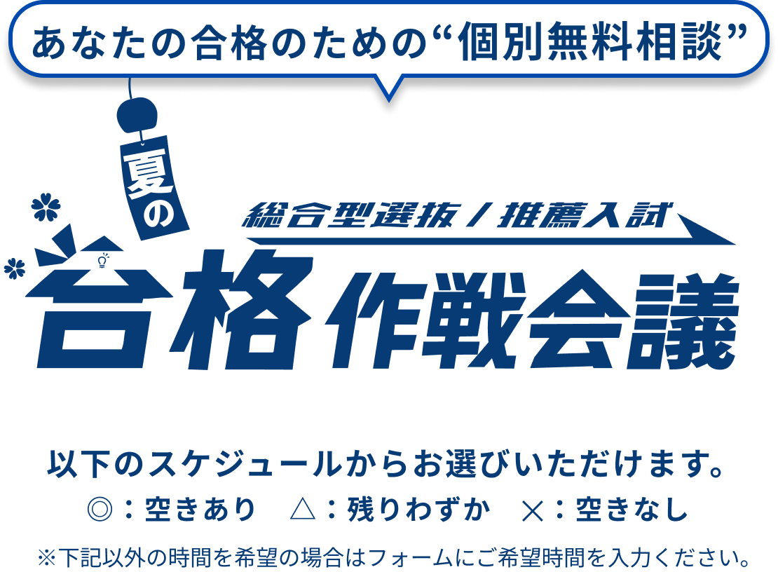 あなたの合格のための個別無料相談 総合型選抜・推薦入試 合格作戦会議 / 以下のスケジュールからお選びいただけます。◎：空きあり　△：残りわずか　✕：空きなし　※下記以外の時間を希望の場合はフォームにご希望時間を入力ください。