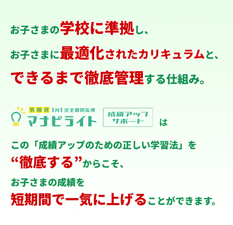 お子さまの学校に準拠しお子さまに最適化されたカリキュラムと、できるまで徹底管理する仕組み。