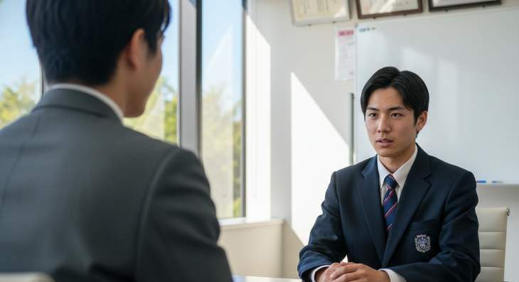 面接を受ける日本人高校生