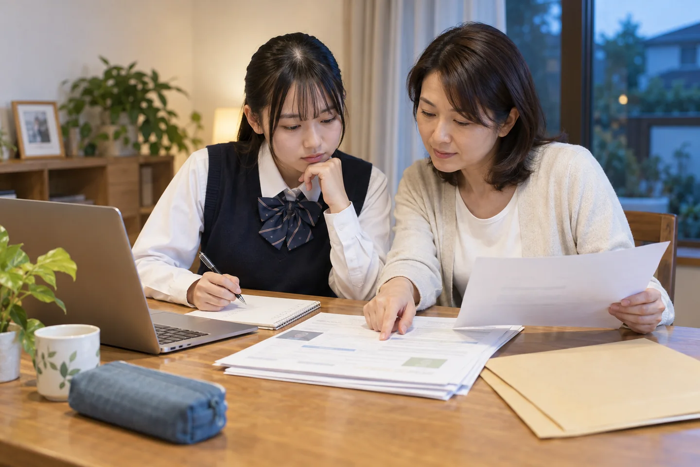 出願書類とオンライン手続きを親子で確認する高校生