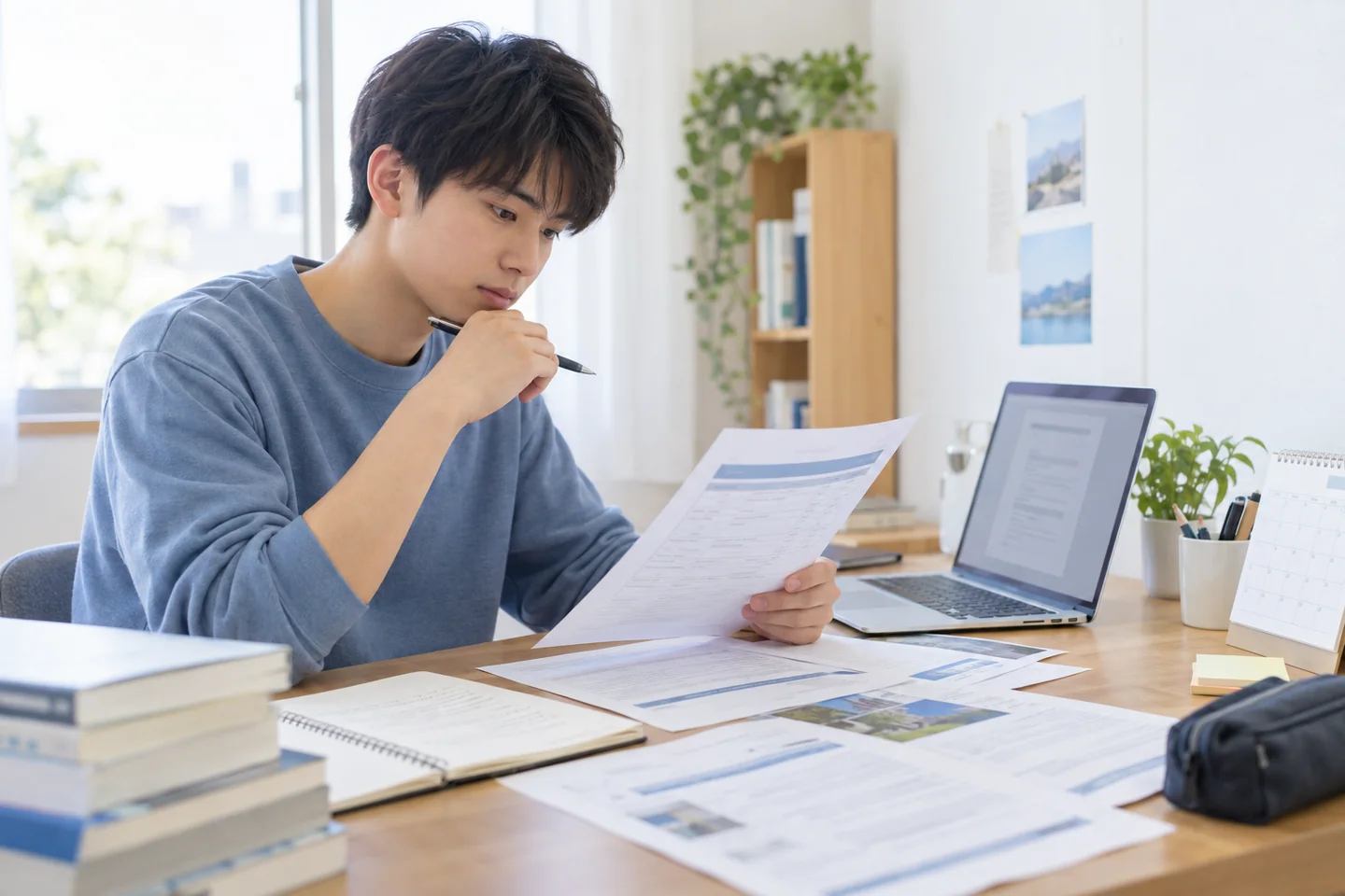 英語資格と立命館大学の募集要項を確認する高校生
