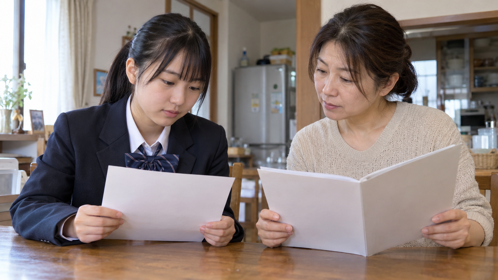 指定校推薦の大学の出願条件と高校の推薦基準を確認する親子