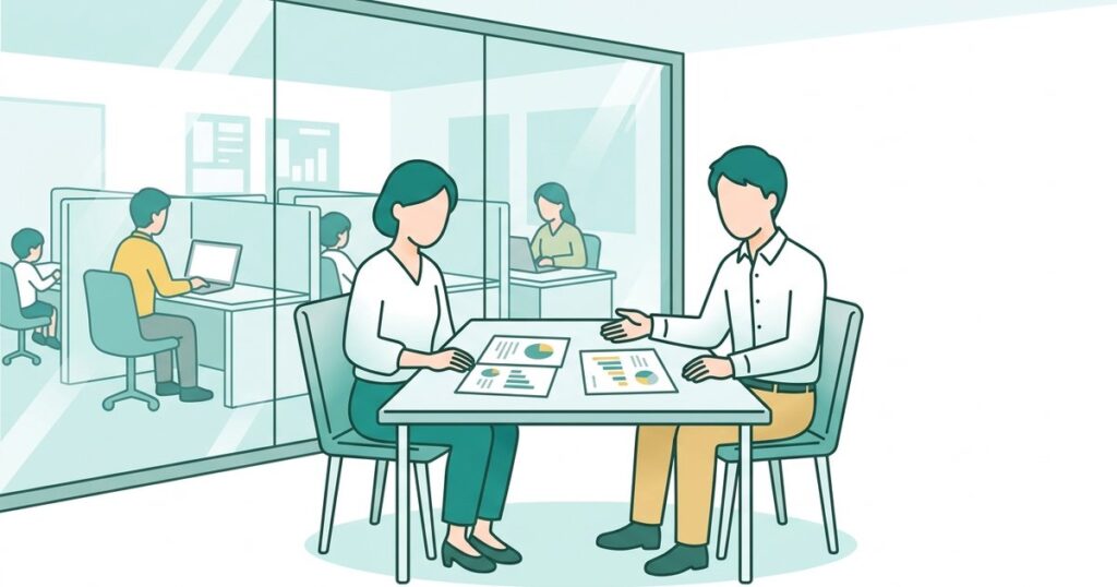 明るい部屋で2つの資料を見比べながら、加盟の条件を検討する2人のイラスト