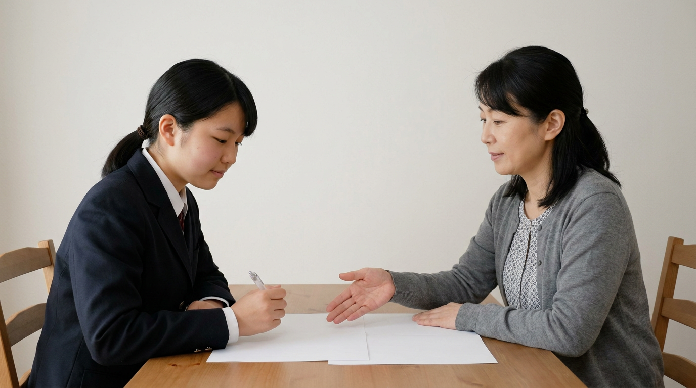 きっかけは、印象的な場面を一つ選んで説明しますに向けて準備する高校生