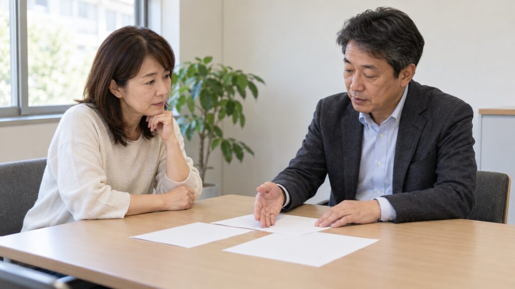 保護者が先生と机上の資料を見ながら受験前の準備について相談する場面