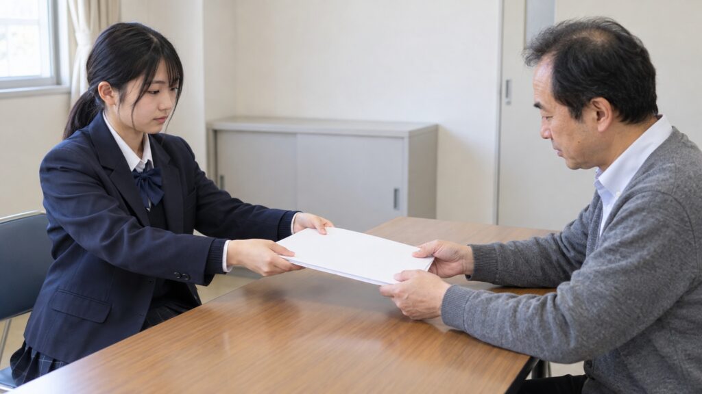 制服姿の高校生が活動記録の確認を頼むため、教師へ資料を手渡す場面