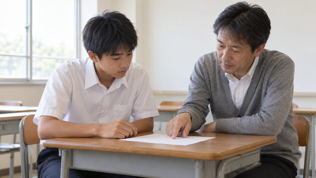 教室の机で高校生が先生と紙を見ながら学習について相談する様子