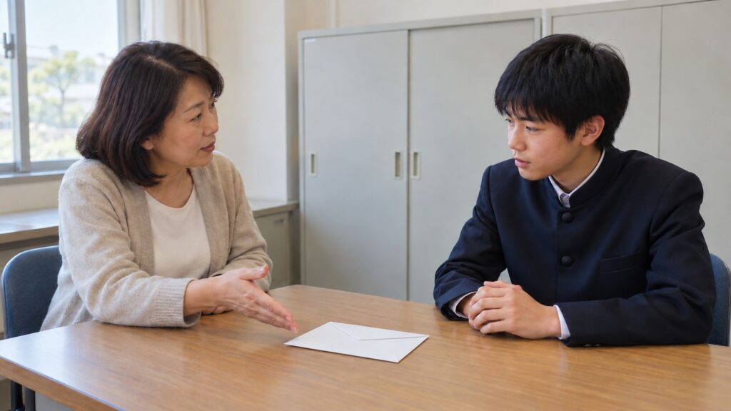 高校生が学校の先生と封筒を前に、出願書類の受け取りについて相談する場面