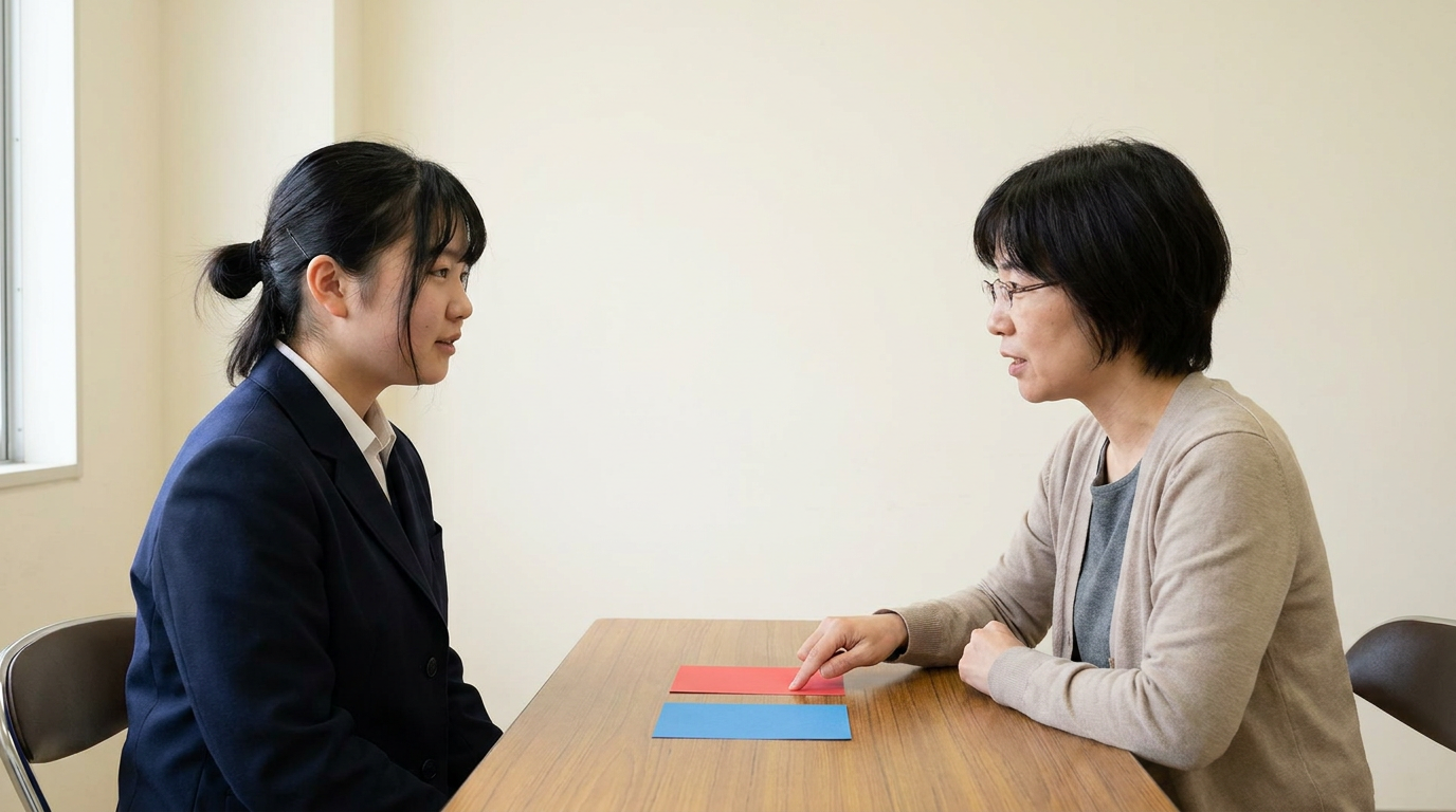 日本語の推薦書と入学の確約に向けて準備する高校生