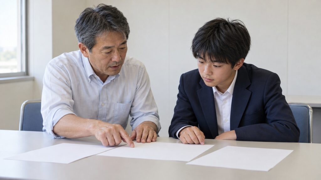 高校生が先生と無地の書類を確かめながら、活動の記録について相談する場面