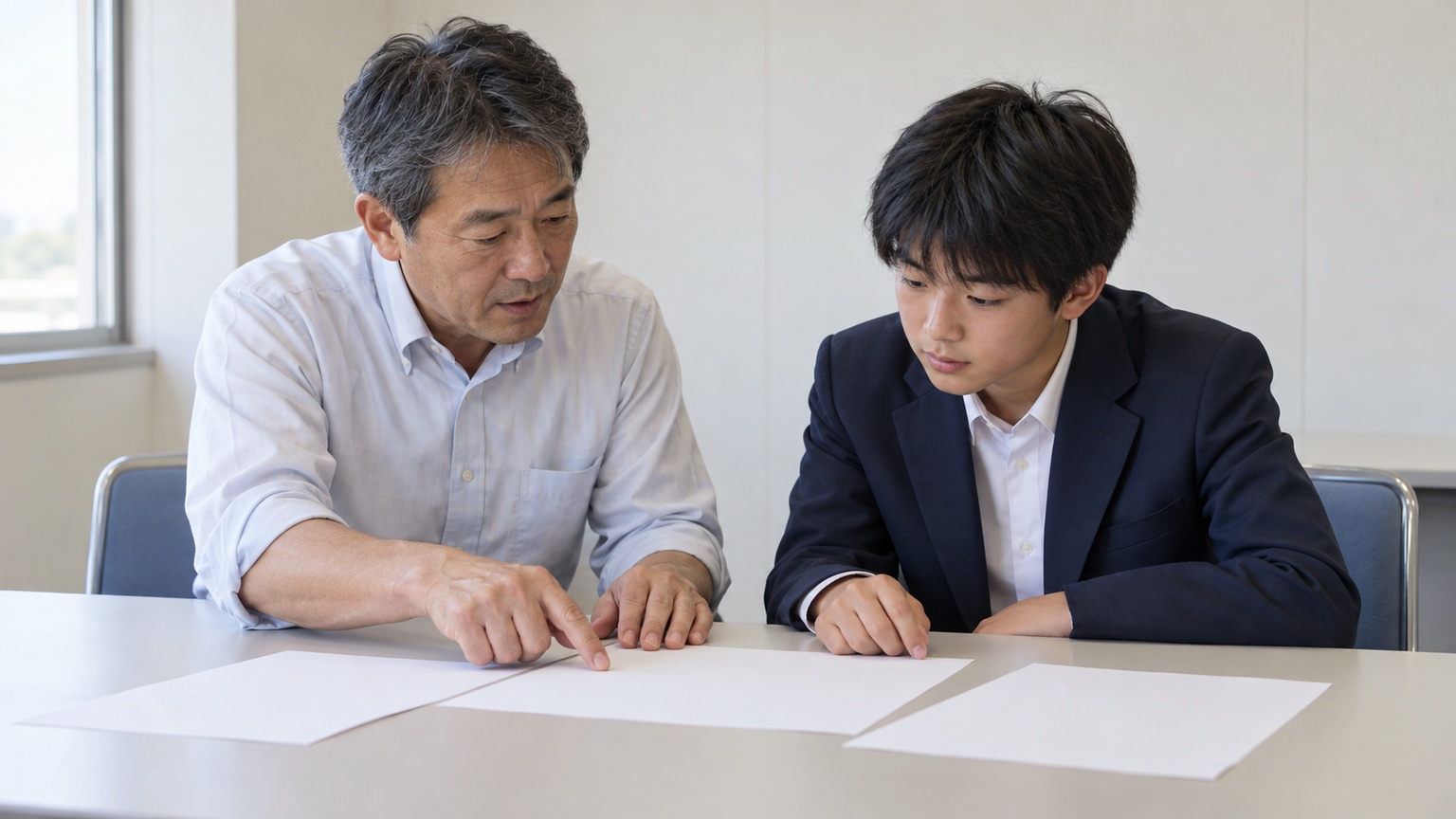 高校生が先生と無地の書類を確かめながら、活動の記録について相談する場面