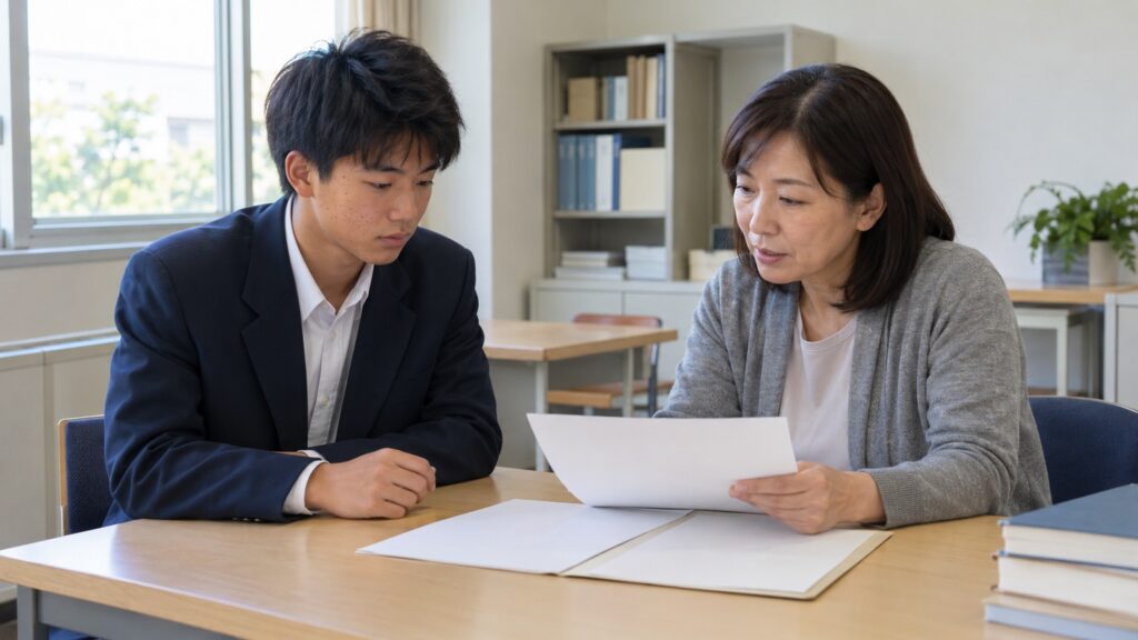 無地の資料を前に、学校の先生へ準備について相談する高校生