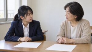 無地の資料を机に並べ、学校の先生と相談する制服姿の高校生