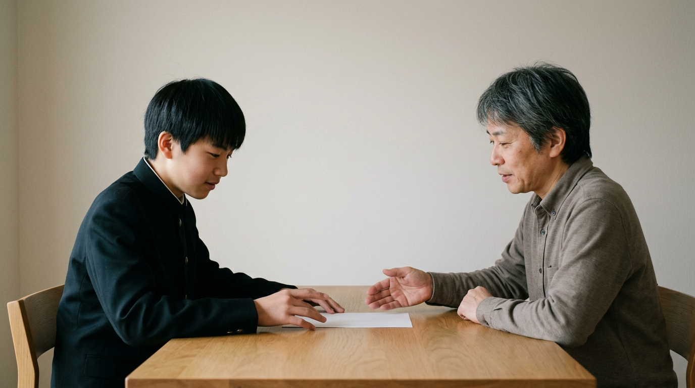 合格後の入学条件を、本人と保護者で共有しますに向けて準備する高校生