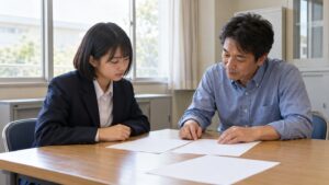 制服姿の女子生徒が学校の先生と机を囲み、進路について相談するイメージ