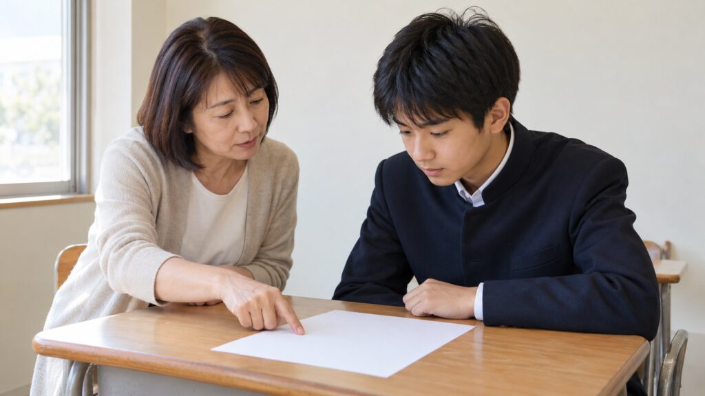 高校生が学校の先生と答案を見直し、理解が足りない箇所を確かめる場面
