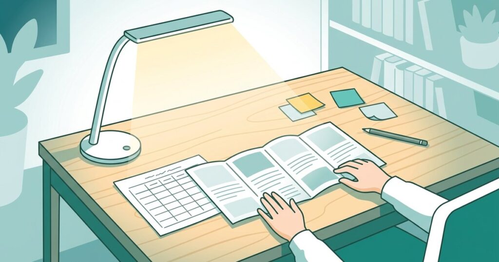 夜の自宅の机で、何冊かの資料を横に並べ、手書きの比較表の枠の隣で見比べている手元の様子