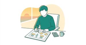 夜、机に向かって小さな教室の間取りを描きながら開業の準備をする人のイラスト