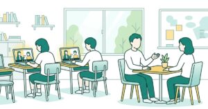 パーテーションで区切った小さな教室で、高校生がPCの画面越しに1対1の指導を受け、そばの面談ブースでオーナーが保護者と話している様子