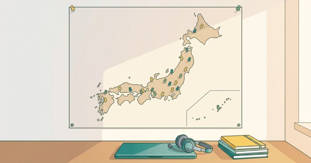 北から南まで小さなピンがたくさん刺さった日本地図が壁に貼られ、その下の机にノートパソコンとヘッドセットとノートが置かれている様子