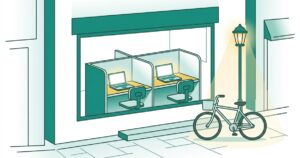 夕方の商店街から、窓越しにパーテーションとパソコンの並ぶ小さな教室が見える場面