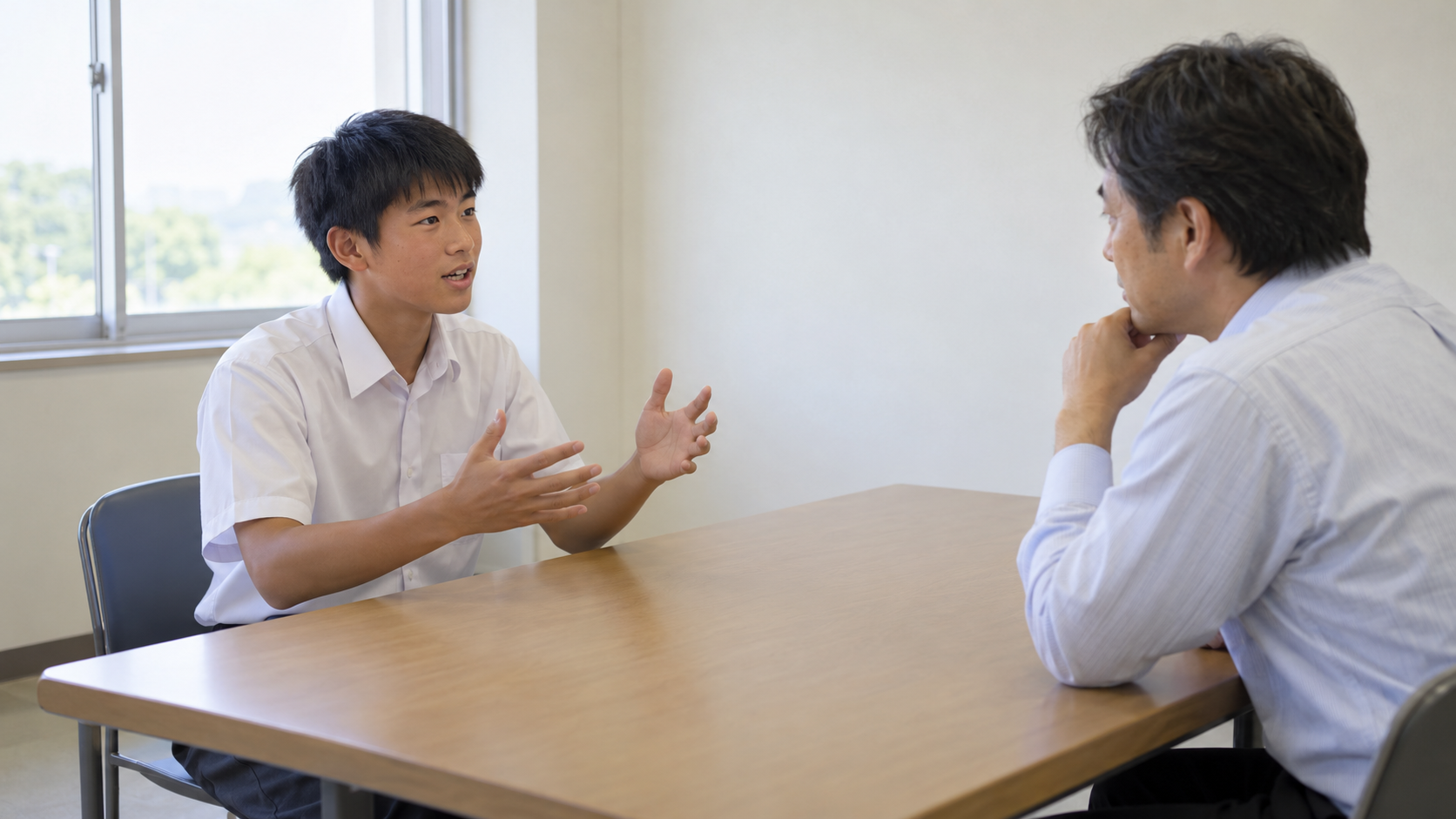 志望理由書に書いた経験を先生へ自分の言葉で説明する高校生