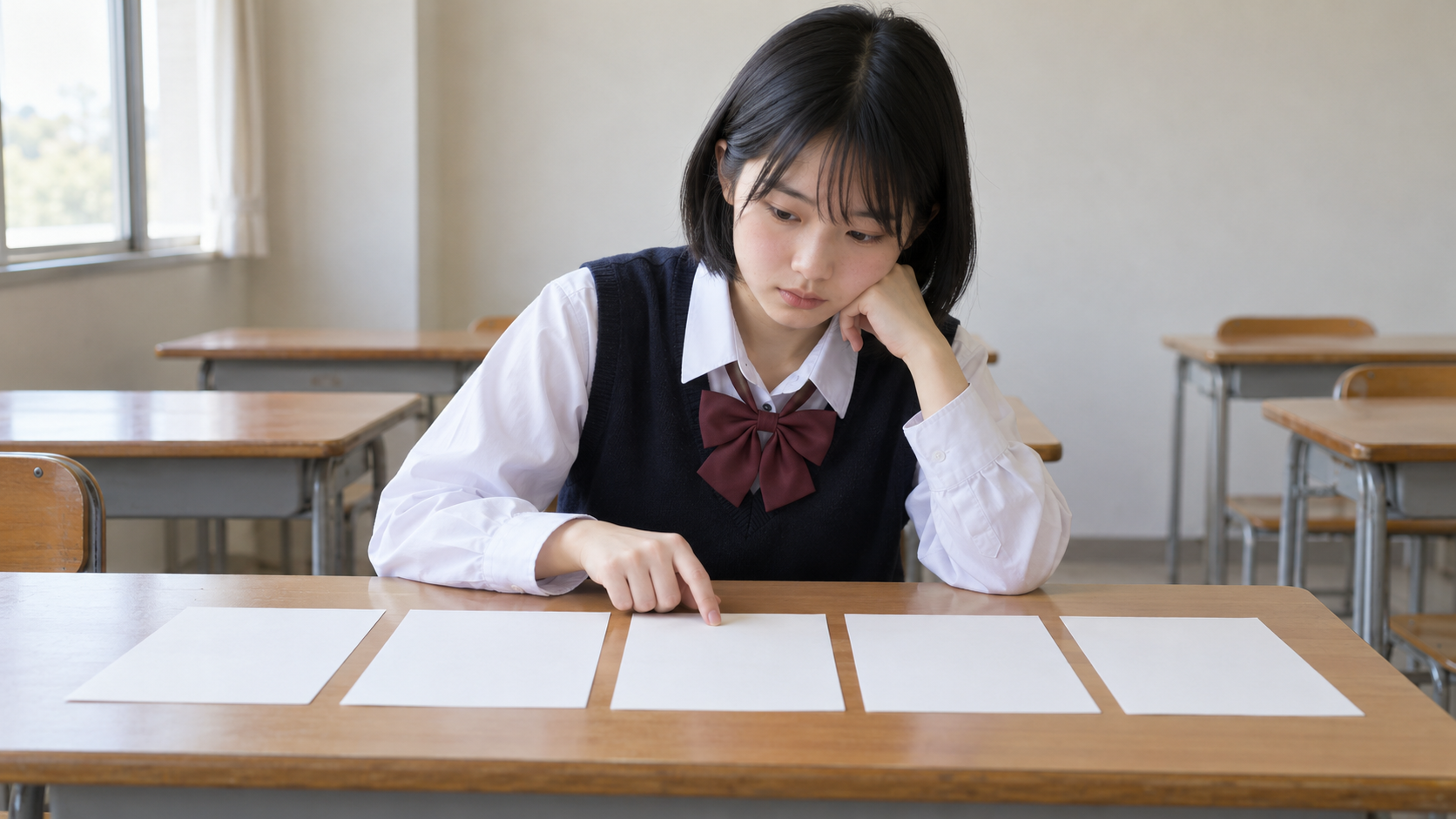 志望理由書の修正箇所を白紙の5枚に分けて確認する高校生