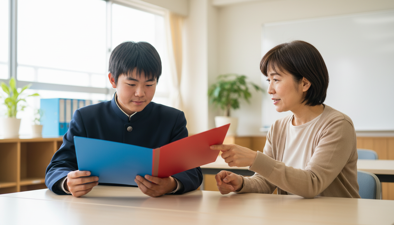 総合型選抜の倍率と出願条件を相談員と確認する高校生