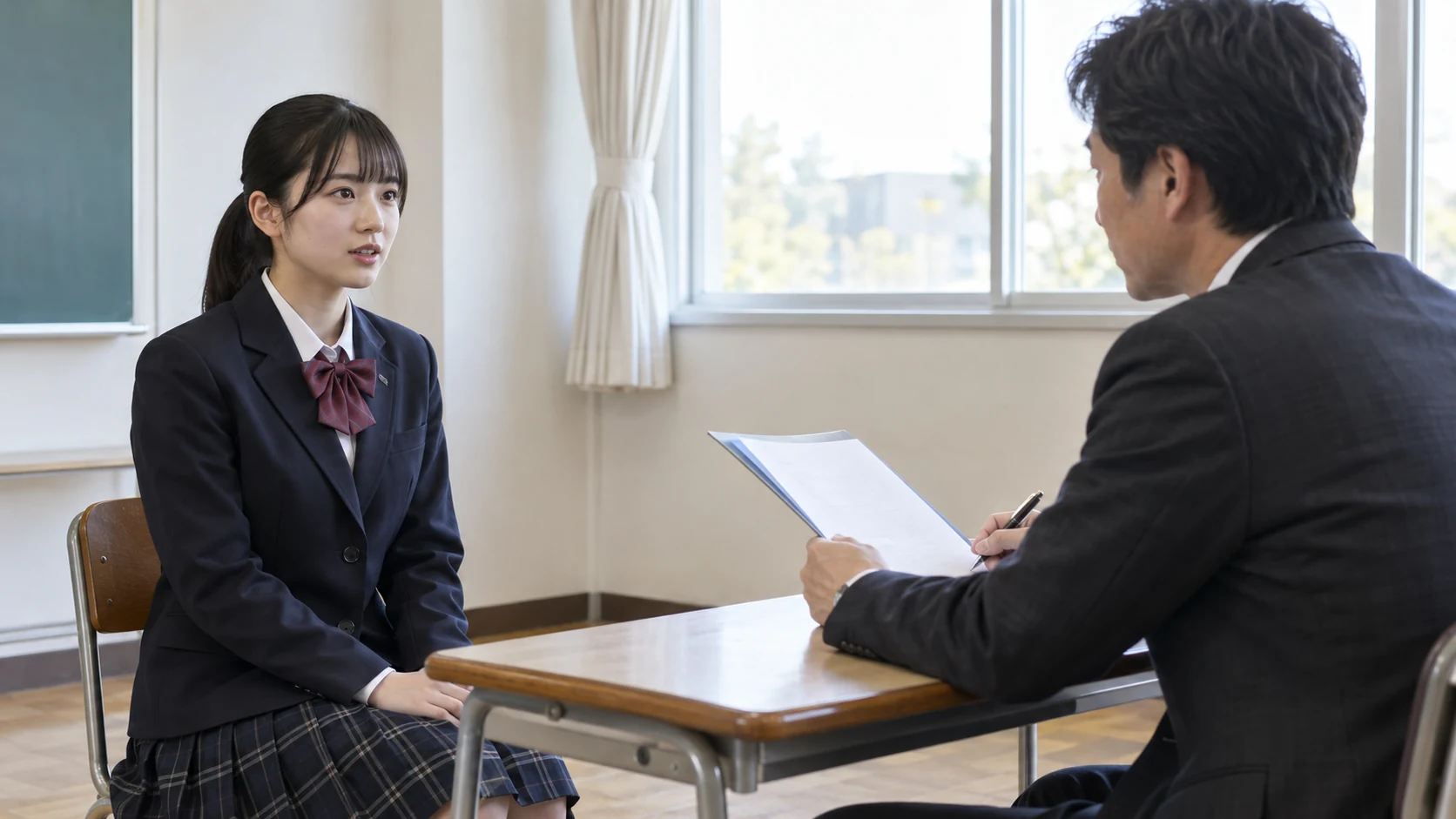 指定校推薦の提出書類を基に高校の先生と面接練習をする高校生
