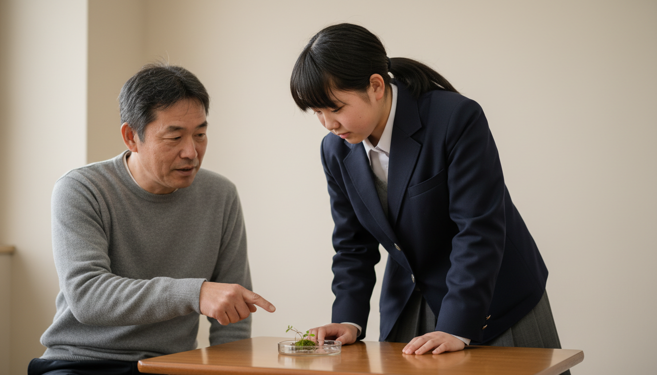 小さな装置を前に、観察した内容を先生と確認する高校生
