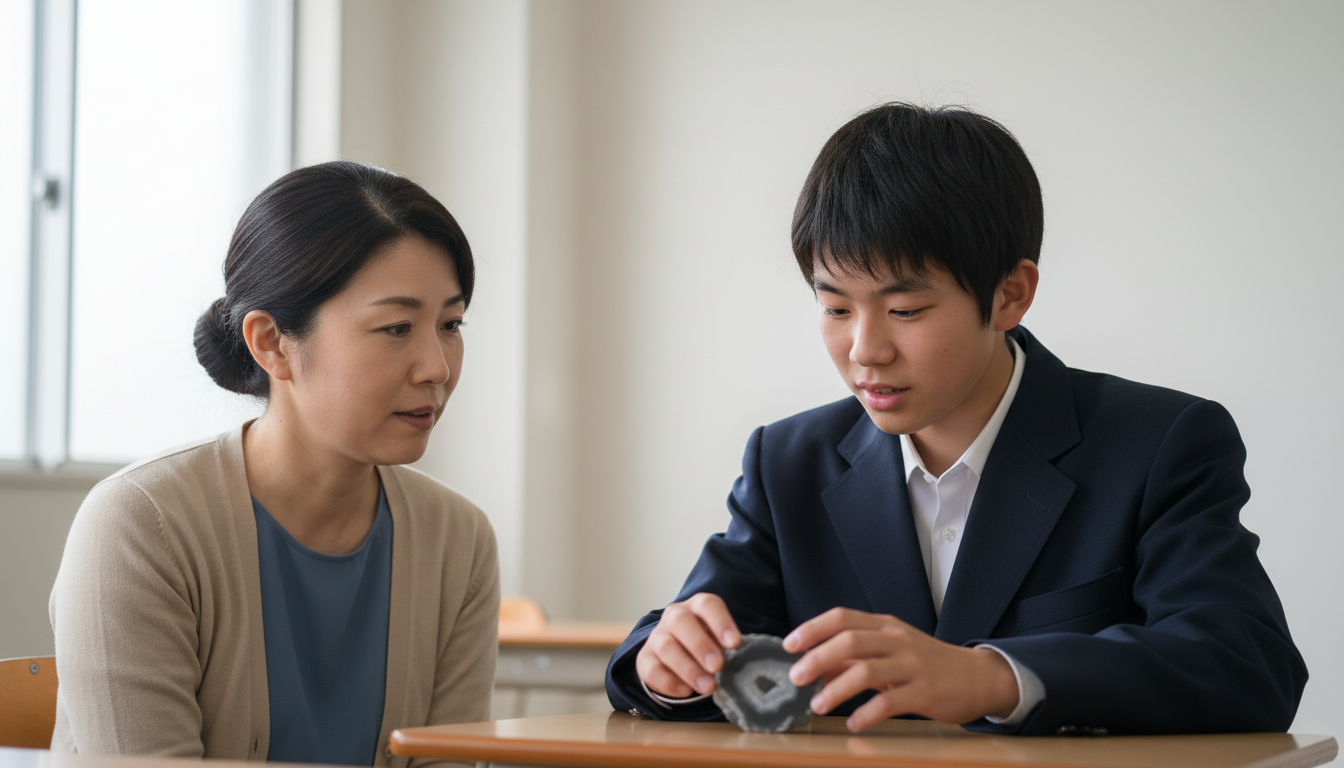 取り組んだものについて大人へ説明し、活動の内容を振り返る高校生