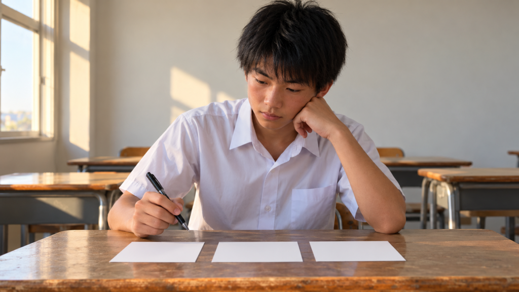 自己推薦書に使う経験を白紙のカードで整理する高校生