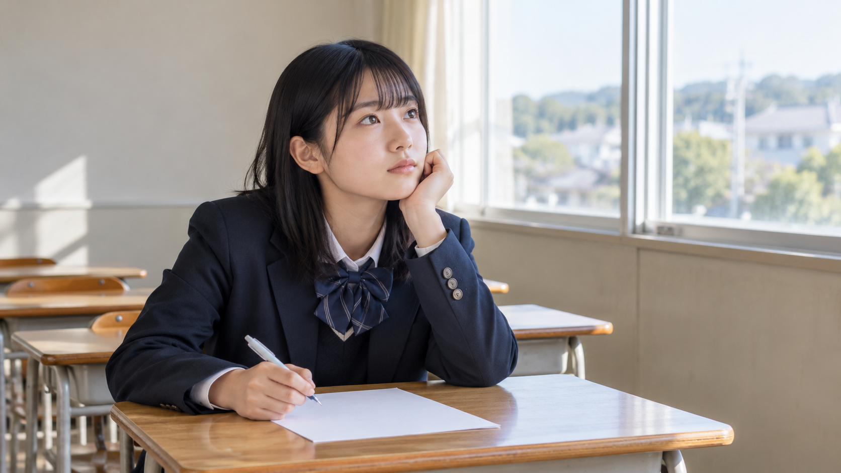 志望理由書の構成を白紙のカードで整理する高校生