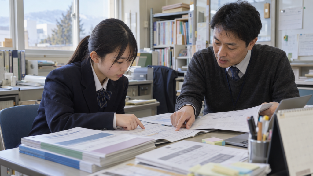 募集要項の出願条件と日程を先生と照合する高校生