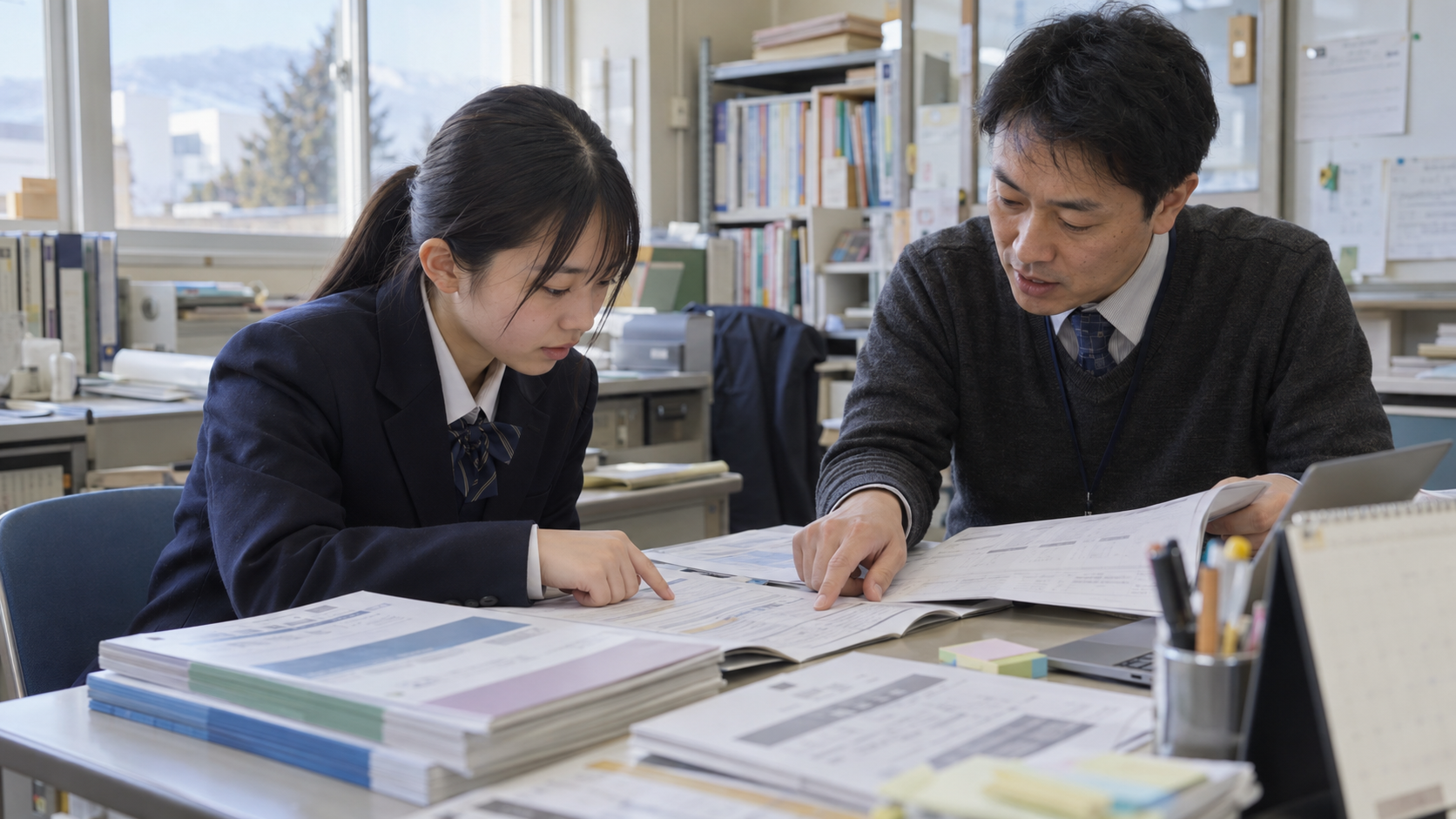 募集要項の出願条件と日程を先生と照合する高校生