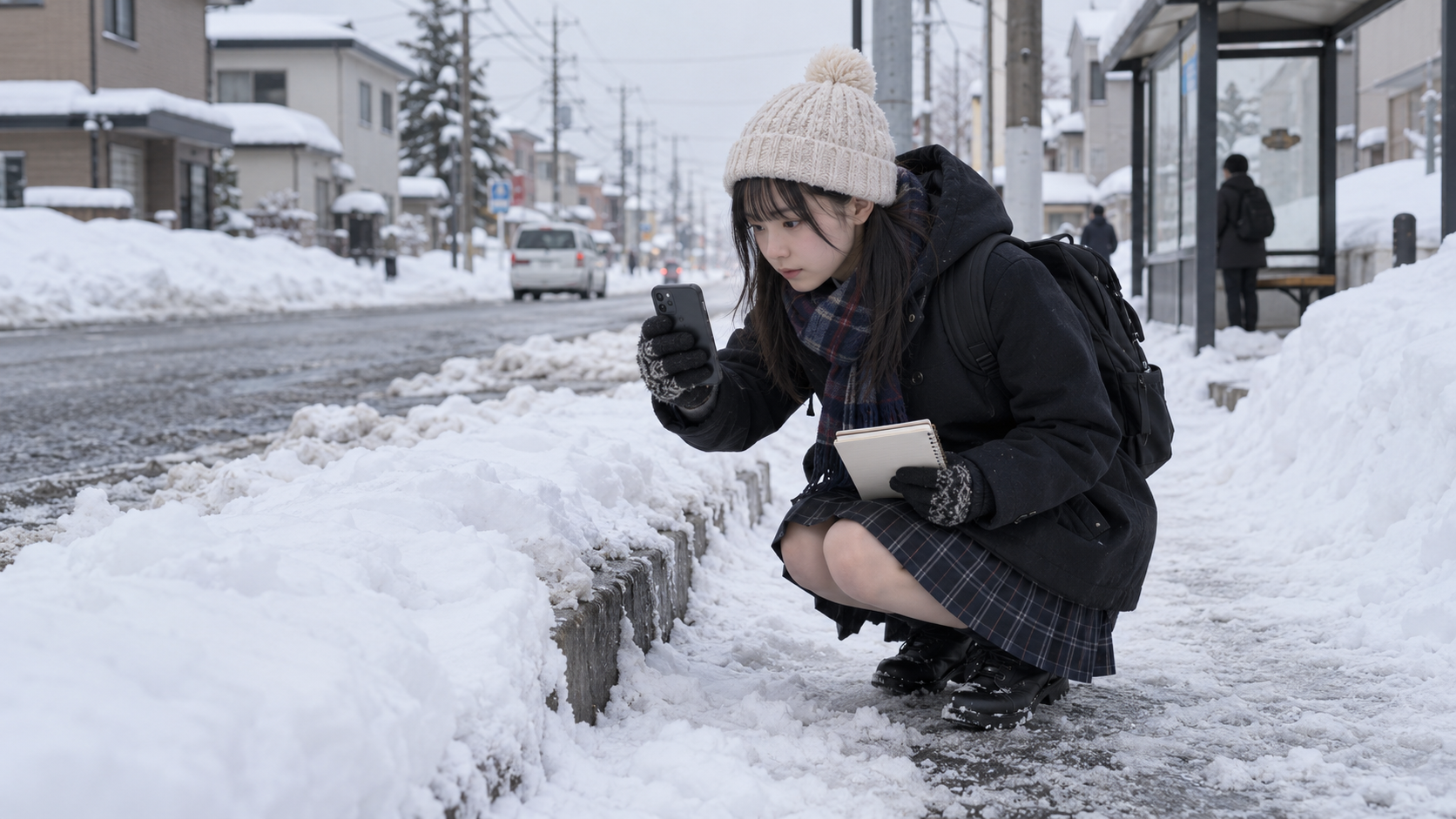 札幌の冬の通学路を観察して地域課題を記録する高校生