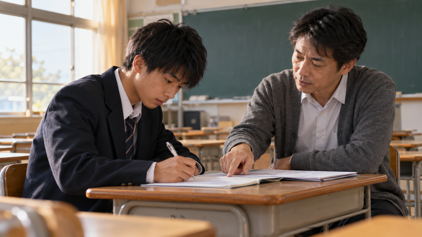 面接練習の助言を受けて回答を書き直す高校生