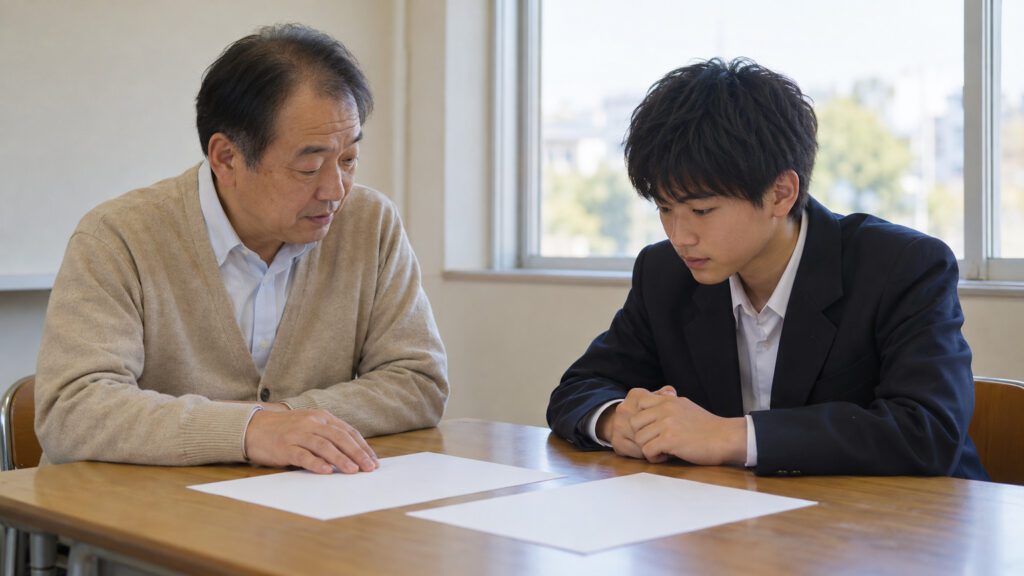 男子高校生が先生と書類を見ながら出願準備について相談している