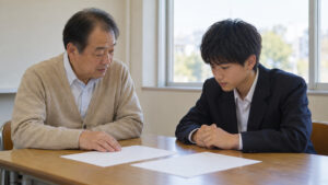 男子高校生が先生と書類を見ながら出願準備について相談している