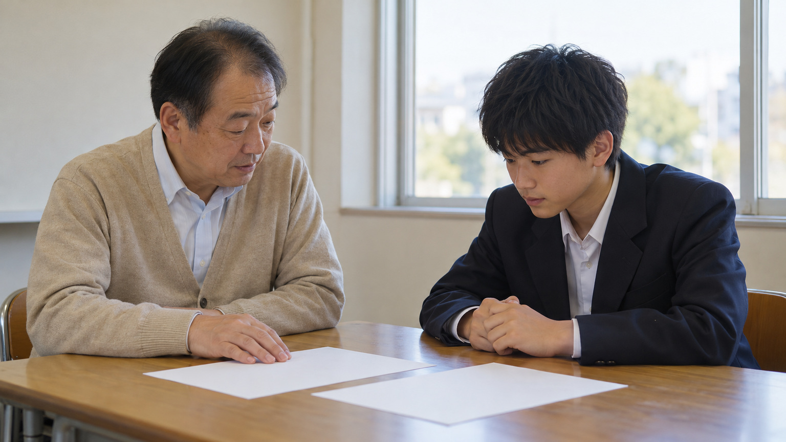 男子高校生が先生と書類を見ながら出願準備について相談している