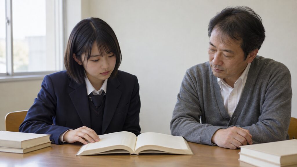 本を開き、関心のある作品について先生と話し合う女子高校生