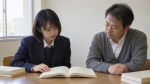本を開き、関心のある作品について先生と話し合う女子高校生